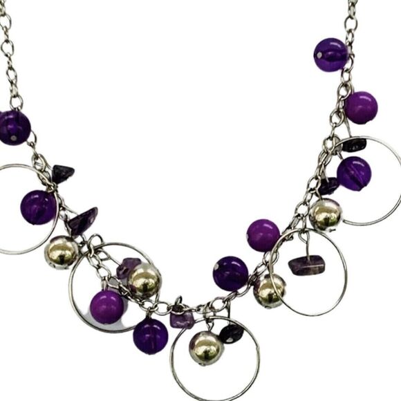 Purple Cluster Beaded Necklace 20" Circle Fashion Statement - Picture 3 of 11